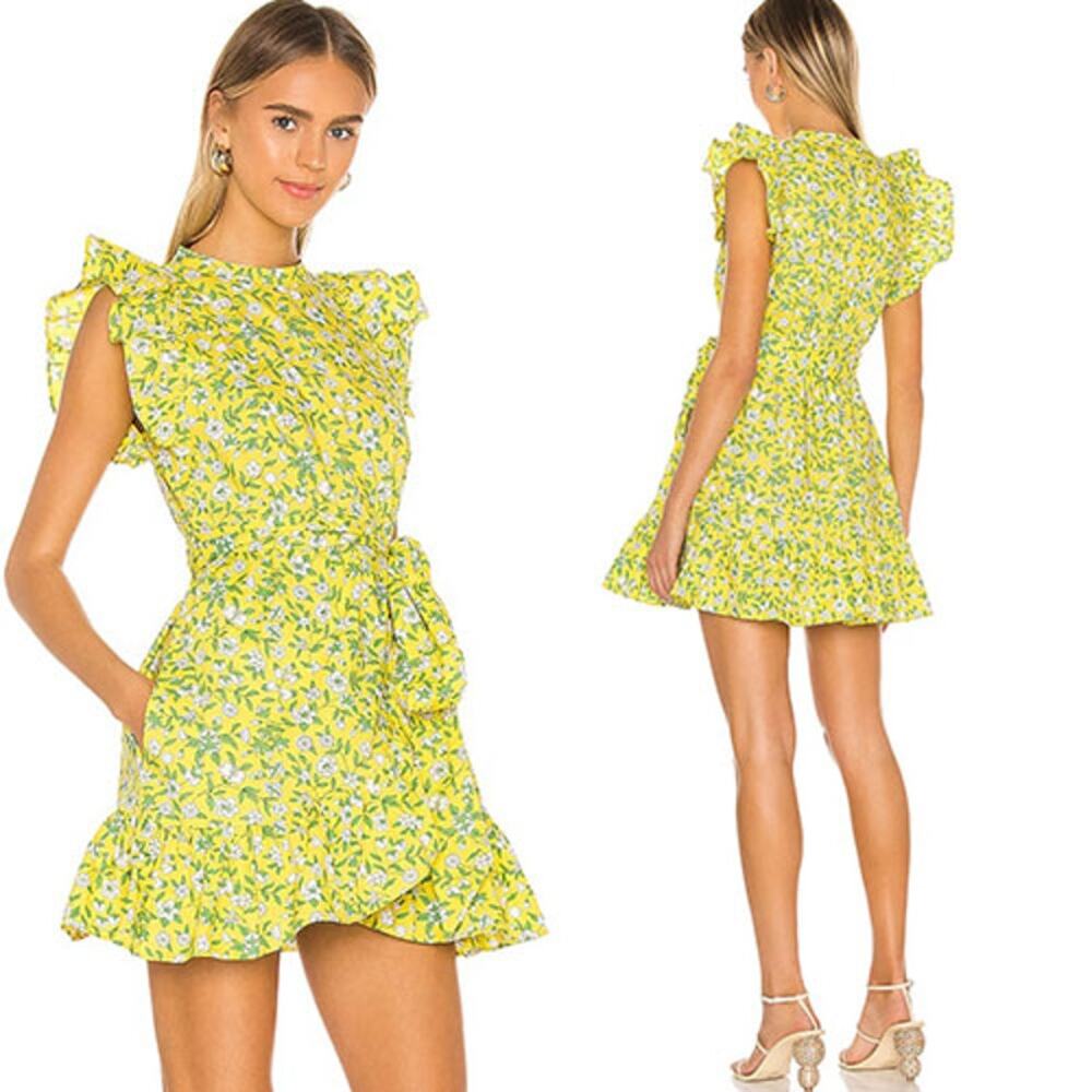 NEW vBanjanan Audrey Floral Cotton Poplin Flutter Sleeve Tie Mini Dress Yellow